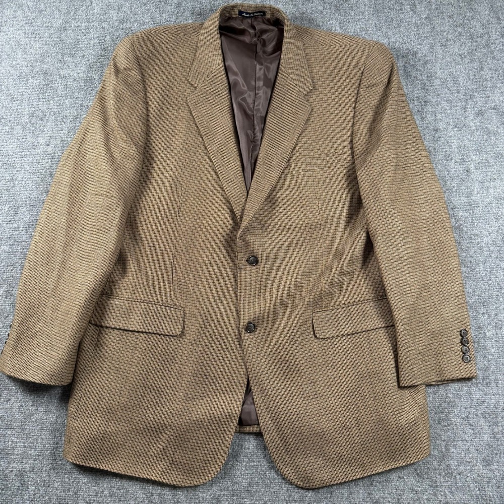 Alan Flusser Blazer Mens 48L Brown Lambswool Cashmere Houndstooth Sport Coat
